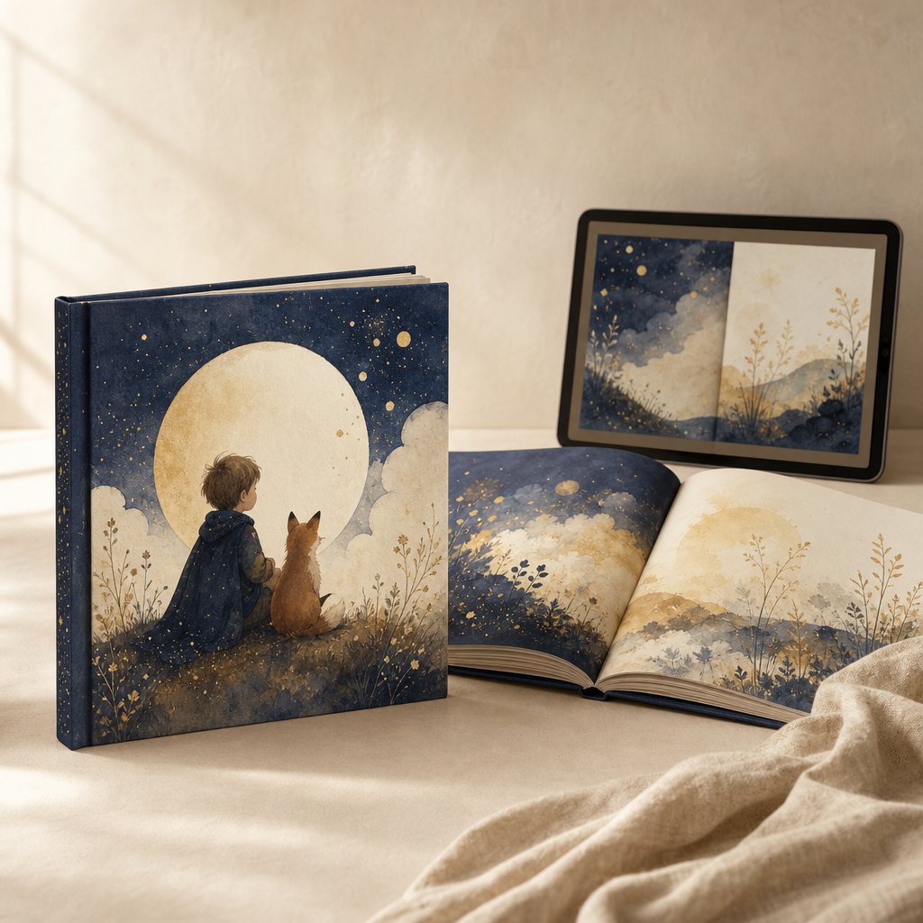 A personalised story keepsake shown as a printed book and as a digital PDF on a tablet
